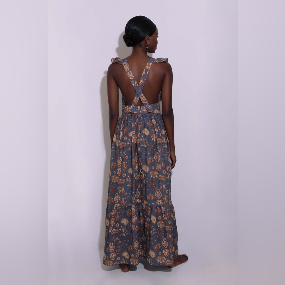 CAROLINA K Penelope Flutter Sleeve Maxi Dress Grey Linen Sea Beach Print - Picture 5 of 10
